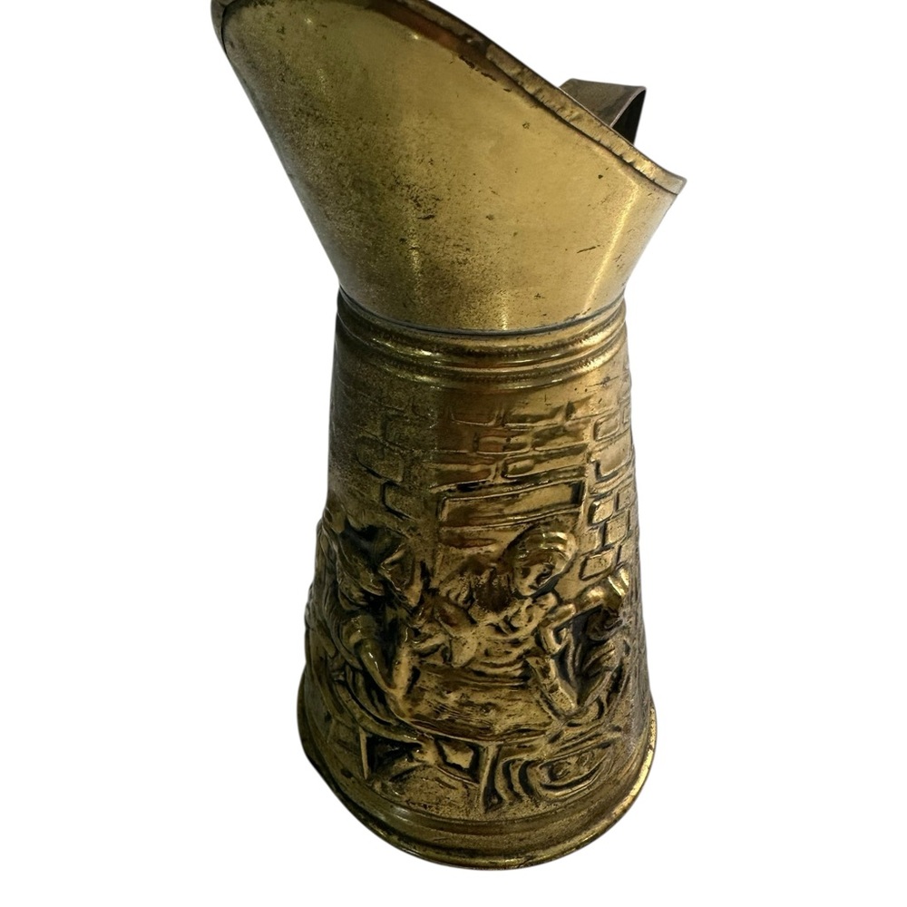 Vintage Used D.M.G. Metal Brass Embossed Pub Scene Pitcher Made in England